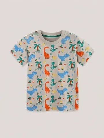 Boys Casual Short Sleeve T-Shirt Cartoon Dinosaur Print Cotton Knit Crew Neck Summer Top For Small Medium Kids