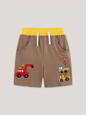 Pantaloncini Casual in Cotone per Bambini Ricamo Veicolo da Costruzione Cartoon Pantaloncini Estivi Vita Elastica a Contrasto
