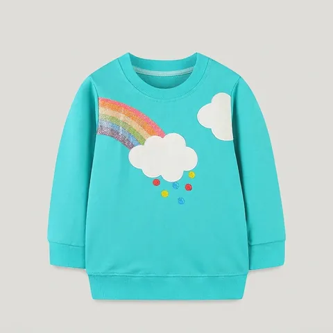 Sweat-shirt en Coton pour Petites Filles Brodée Arc-en-Ciel Nuage Manches Longues Col Rond Pull Décontracté Haut Automne Hiver
