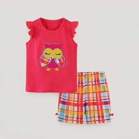 Completo Estivo Bambina Due Pezzi Canotta Rosa Fragola E Pantaloncini Quadretti Gufo Applicazione Ricamata Cotone Bambini