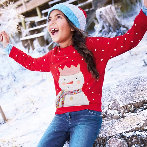 Felpa da Bambina Rossa a Pois con Applique di Pupazzo di Neve in Cotone a Maniche Lunghe Pullover Autunno Inverno