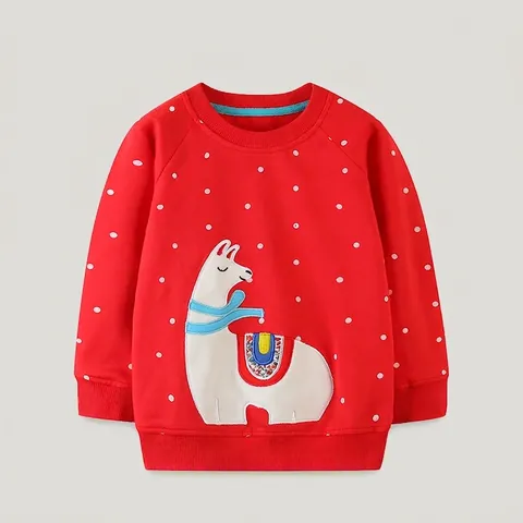 Felpa da Bambina Rossa a Pois con Ricamo di Lama 100% Cotone Girocollo a Maniche Lunghe Pullover Autunno Primavera Vestiti