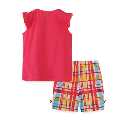Completo Estivo Bambina Due Pezzi Canotta Rosa Fragola E Pantaloncini Quadretti Gufo Applicazione Ricamata Cotone Bambini