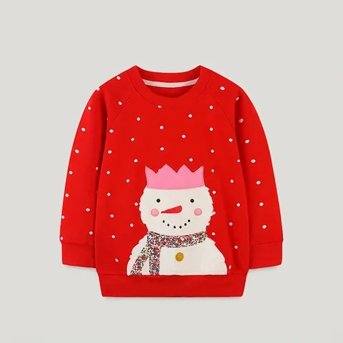 Felpa da Bambina Rossa a Pois con Applique di Pupazzo di Neve in Cotone a Maniche Lunghe Pullover Autunno Inverno