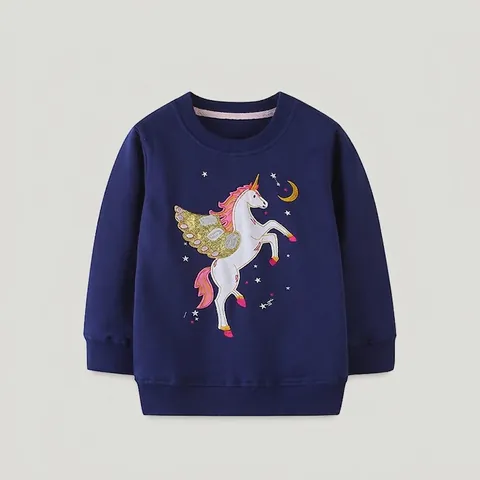 Girls Casual Cotton Sweatshirt With Sequin Unicorn Embroidery Long Sleeve Round Neck Pullover For Kids Navy Blue Toddlers Top