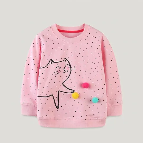 Felpa a Maniche Lunghe in Cotone per Bambine Rosa a Pois Stampa Gatto Cartoon Girocollo Top Autunnale Con Pompon 3D