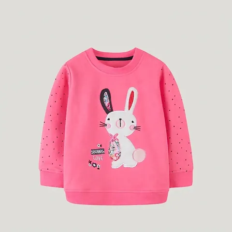 Felpa Casual da Bambina in Cotone a Maniche Lunghe Rosa Ricamo Coniglio Maniche a Pois Polsini a Costine Top per Bambini