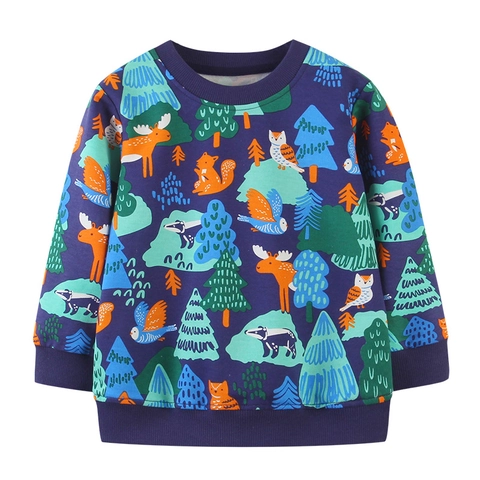 Jungen Baumwolle Sweatshirt Langarm Pullover Waldtierdruck Cartoon Rundhalsausschnitt Top Herbst Kinder Freizeitkleidung