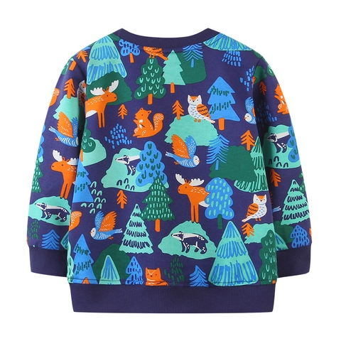 Jungen Baumwolle Sweatshirt Langarm Pullover Waldtierdruck Cartoon Rundhalsausschnitt Top Herbst Kinder Freizeitkleidung