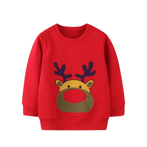 Kids Boys Christmas Reindeer Sweatshirt Cotton Cartoon Long Sleeve Pullover Red Festive Embroidery Winter Warm Toddler Top