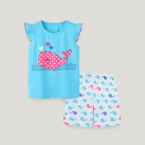 Kinder Meisjes Zomer Katoen Kleding Set Hemelsblauw Ruffle Mouw Walvis Print Top En Shorts 2-Delige Casual Outfit