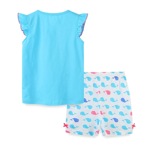 Kinder Meisjes Zomer Katoen Kleding Set Hemelsblauw Ruffle Mouw Walvis Print Top En Shorts 2-Delige Casual Outfit