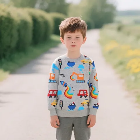 Felpa da Ragazzo con Stampa Trasporti Cartoni Animati 100% Cotone Maniche Lunghe Girocollo Grigio Pullover Top per Bambini