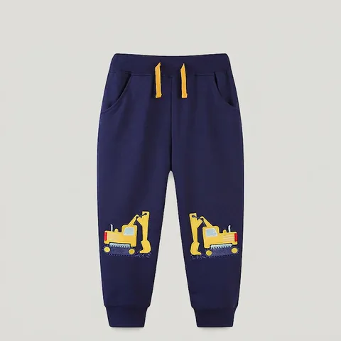 Jungen Baumwolle Cartoon Bagger Stickerei Jogginghose Kleinkind Sporthose Europäischer Stil Marineblau Lässige Lange Hose