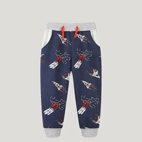 Jungen Casual Baumwolle Jogginghose Cartoon Raketen-Print Elastischer Bund Sweatpants Mit Kordelzug Marineblau Kinder Sporthose