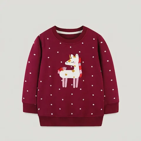 Sweatshirt Fille Bordeaux 100% Coton Manches Longues Avec Broderie Licorne et Pois Décontracté Pull d'Automne Haut