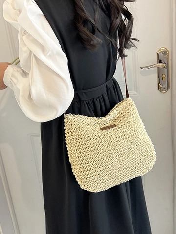 French Straw Woven Bucket Bag For Women Summer Beach Crossbody Bag With Adjustable PU Strap Casual Vacation Shoulder Bag