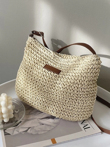 French Straw Woven Bucket Bag For Women Summer Beach Crossbody Bag With Adjustable PU Strap Casual Vacation Shoulder Bag