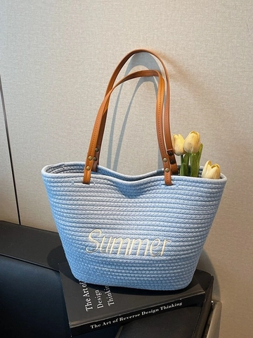 Damen Große Kapazität Gewebte Einkaufstasche Sommer Buchstaben Stickerei Umhängetasche Lässig Grobe Faden Webart Strand Handtasche