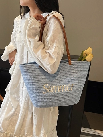 Damen Große Kapazität Gewebte Einkaufstasche Sommer Buchstaben Stickerei Umhängetasche Lässig Grobe Faden Webart Strand Handtasche
