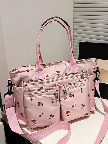 Korean Style Minimalist Oxford Cloth Tote Bag With Cherry Print Large Capacity Crossbody Shoulder Bag For Women Students