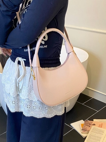 Fashionable Women PU Leather Crescent Hobo Bag Solid Color Shoulder Crossbody Dumpling Bag With Golden Zipper Daily Casual