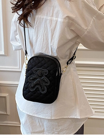 Borsa a Tracolla Trapuntata in Nylon Donna Piccola Borsa Quadrata per Cellulare Motivo Orso con Paillettes Cerniera Oro Nera