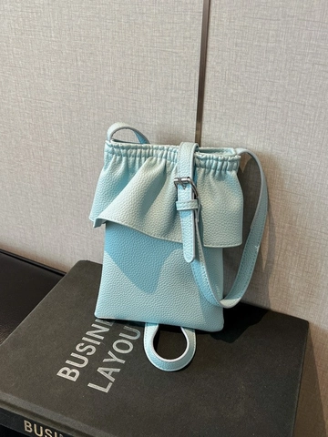 Women Ruffle Trim Bucket Crossbody Bag PU Leather Litchi Pattern Small Phone Bag Magnetic Buckle Shoulder Bag Fashion Casual