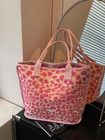 Women Leopard Print Canvas Tote Bag Large Capacity Casual Fashion Shoulder Handbag Commuting Shopping Bag