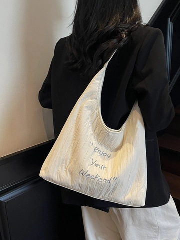 Women Large Capacity Canvas Tote Bag Pleated Embroidery Casual Shoulder Bag Summer Weekend Shopping Commuter Handbag