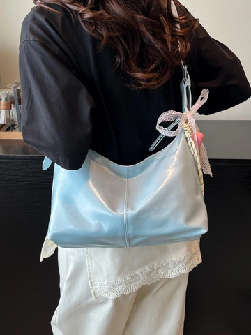 Vintage Glossy PU Leather Hobo Bag For Women Korean Sweet Dumpling Shoulder Bag With Lace Heart Pendant Large Capacity Crossbody Bag