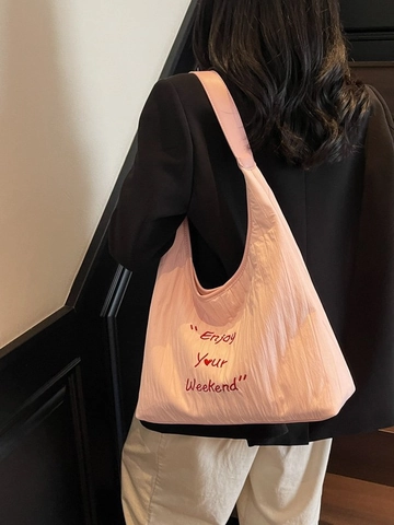 Women Large Capacity Canvas Tote Bag Pleated Embroidery Casual Shoulder Bag Summer Weekend Shopping Commuter Handbag
