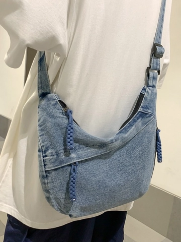 Washed Denim Crossbody Bag For Women Large Capacity Dumpling Hobo Bag With Adjustable Strap Vintage Casual Commuter Shoulder Bag