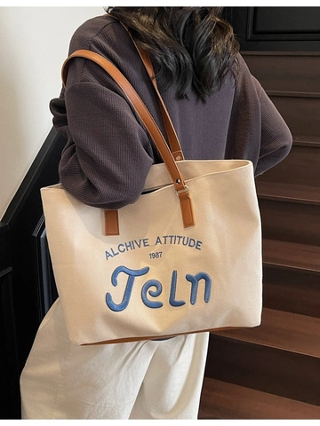 Large Capacity Canvas Tote Bag For Women Vintage Letter Embroidery Shoulder Bag Student Commute College Style Shopping Bag