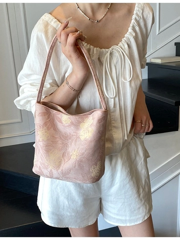Women's New Chinese Style Jacquard Underarm Bag Floral Pattern PU Shoulder Bag Mini Bucket Bag Fashion Commute Tote Handbag