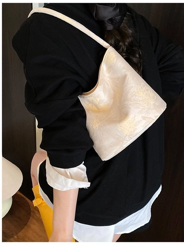 Women's New Chinese Style Jacquard Underarm Bag Floral Pattern PU Shoulder Bag Mini Bucket Bag Fashion Commute Tote Handbag