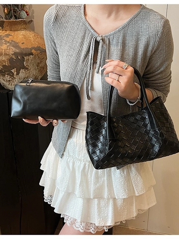 Fashion Women Synthetic Leather Woven Bucket Bag Set Stylish Handbag With Detachable Strap Crossbody Shoulder Bag For Daily Matching