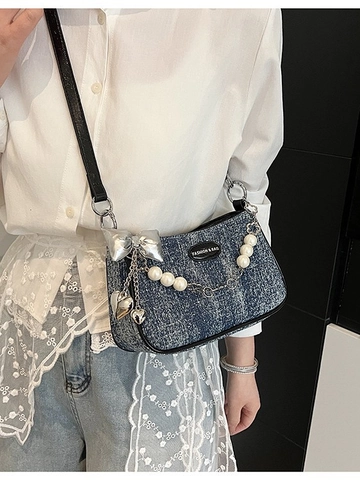 Fashion Denim PU Shoulder Bag For Women Underarm Pillow Bag With Artificial Pearl Chain Metal Bow Heart Pendant Crossbody Bag