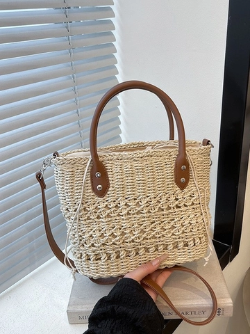 Women Handwoven Straw Bucket Bag Large Capacity Beach Vacation Tote With PU Leather Strap Crossbody Shoulder Bag Summer Casual Bag