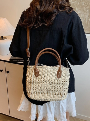 Women Handwoven Straw Bucket Bag Large Capacity Beach Vacation Tote With PU Leather Strap Crossbody Shoulder Bag Summer Casual Bag