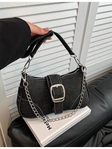 Vintage Denim Underarm Bag For Women With Metal Chain Large Buckle Contrast Stitching Casual Baguette Shoulder Bag