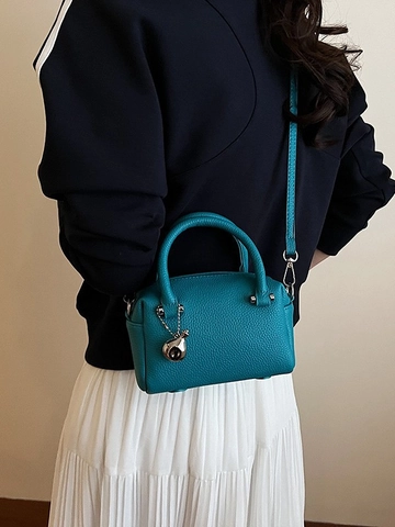 Fashion Women Mini Boston Bag PU Leather Lychee Pattern Pillow Handbag Versatile Top Handle Crossbody Bag With Pendant