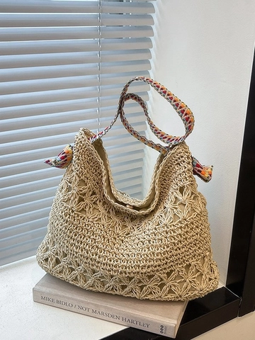 Bohemian Hollow Crochet Flower Large Straw Tote Bag With Colorful Geometric Shoulder Strap For Women Summer Vacation