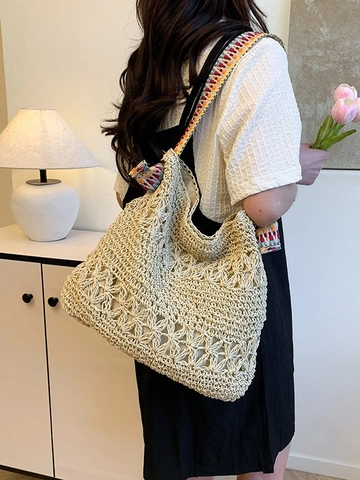 Bohemian Hollow Crochet Flower Large Straw Tote Bag With Colorful Geometric Shoulder Strap For Women Summer Vacation