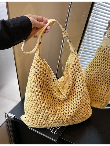 Women Woven Shoulder Bag Summer Straw Crochet Hollow Out Tote Beach Vacation Hobo Bag Large Capacity Casual Handbag