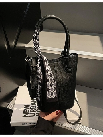 Fashion Women PU Leather Lychee Grain Bucket Bag With Satin Scarf Decor Urban Minimalist Shoulder Crossbody Handbag Bag