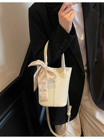 Fashion Women PU Leather Lychee Grain Bucket Bag With Satin Scarf Decor Urban Minimalist Shoulder Crossbody Handbag Bag