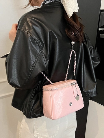 Damen Umhängetasche Sommer Kette Schultertasche Mini Quadratisch PU Leder Box Tasche Blumenschmuck Handtasche