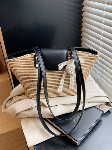 Handwoven Straw Tote Bag For Women Summer Beach Vacation Shoulder Bag With PU Leather Flap And Artificial Pearl Bow Charm