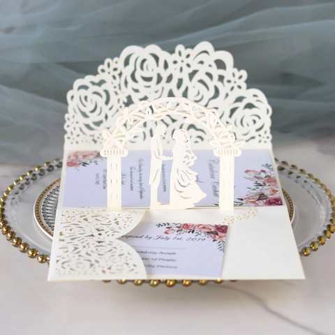 Elegant 3D Pop Up Wedding Invitations Pearl Paper Laser Cut Rose Flower Bride Groom Hollow Greeting Cards For Marriage Ceremony